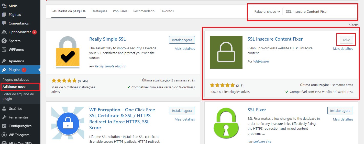 Instalando e ativando om Plugin SSL Insecure Conent Fixer